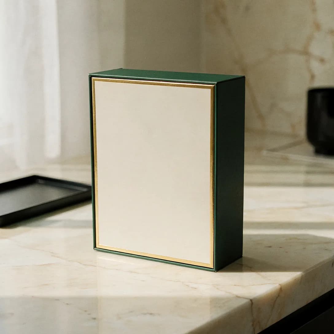 Forest-green Pep Club test kit box on a clean linen surface