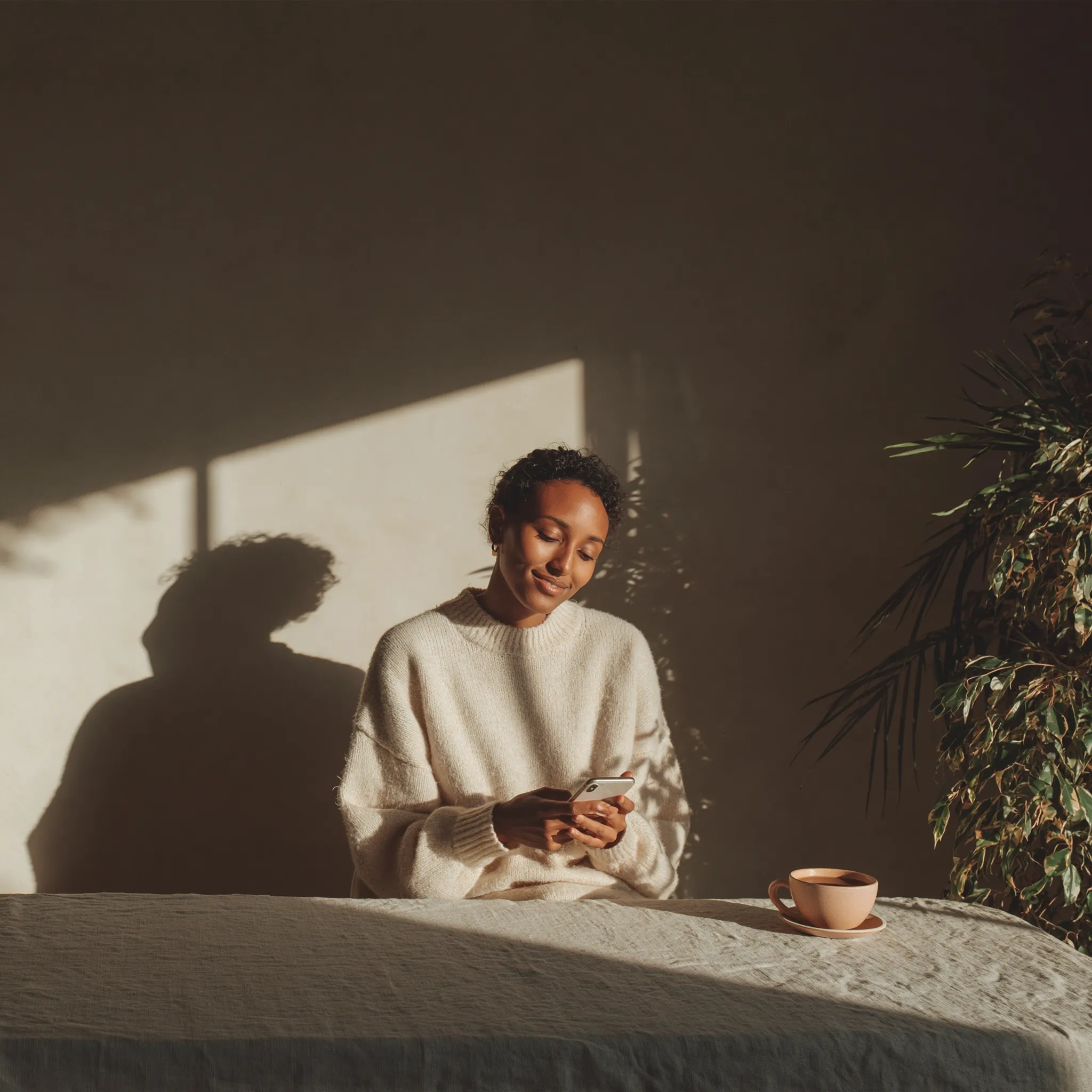 Member completing subscription on phone in a sunlit room
