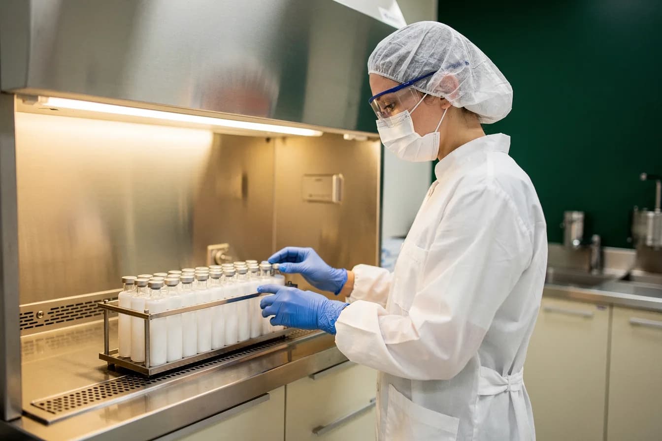 A pharmacist in full sterile protective equipment preparing vials in a compounding cleanroom