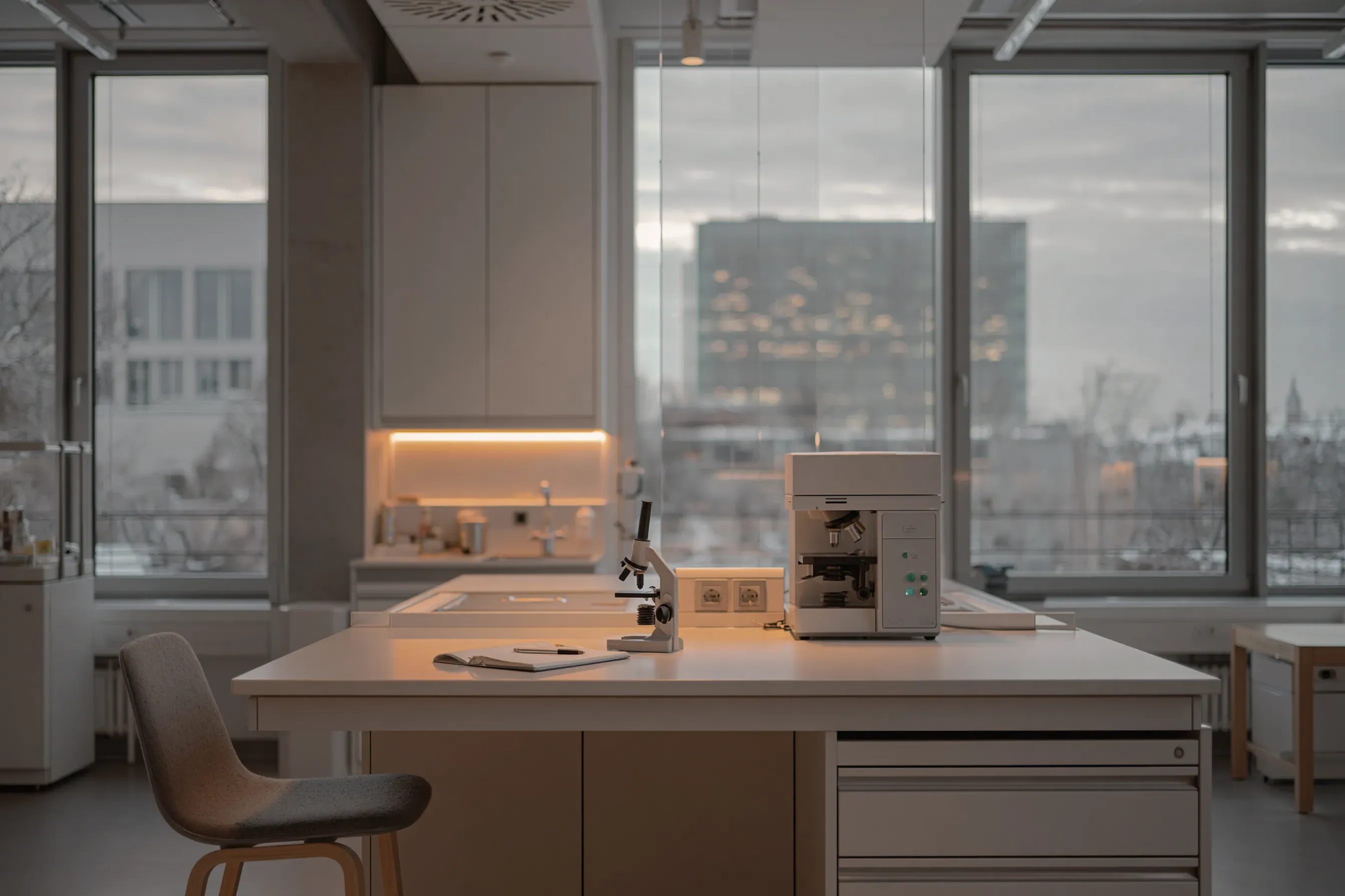 Pharmacist working at a clean modern compounding pharmacy counter