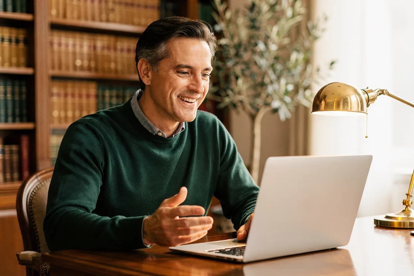A Pep Club physician at a desk in a book-lined study, reading patient results on a laptop