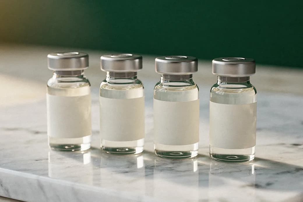 Sealed pharmaceutical sample vials on a marble bench